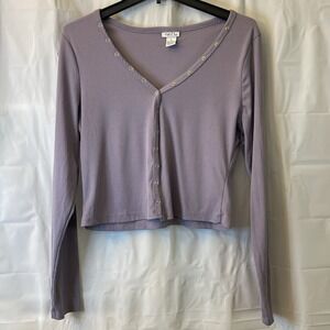 Rue21 Women Sz XL Lavender Long Sleeve Button Snap V Neck Cropped Knit Top
